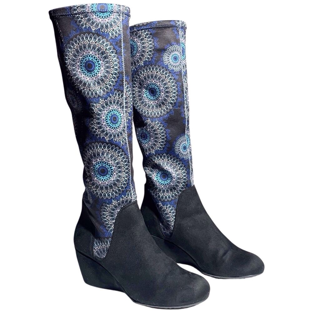 Desigual Mandala Knee High Wedge Boots Black Blue Suede Size 38 (US 7.5) EUC